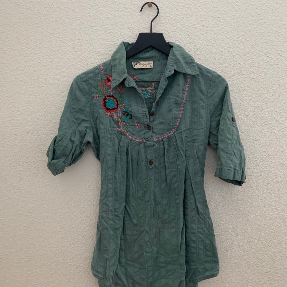 Green Floral Embroidered Shirt with a tie back